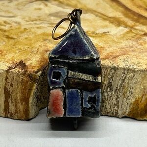 Raku Fired Ceramic House Charm Pendant Unique One Of A Kind